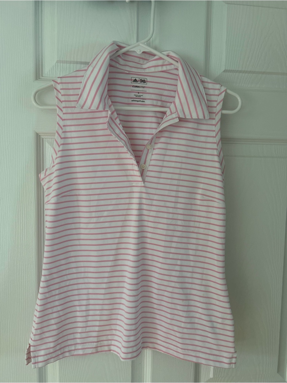 adidas Women’s Pink and White Striped Sleeveless Golf Top
